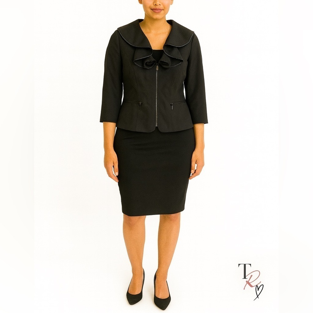 Lafayette 148 New York Black Blazer Career Jacket Size 12 Ruffled Zipper Necklin - Picture 2 of 13